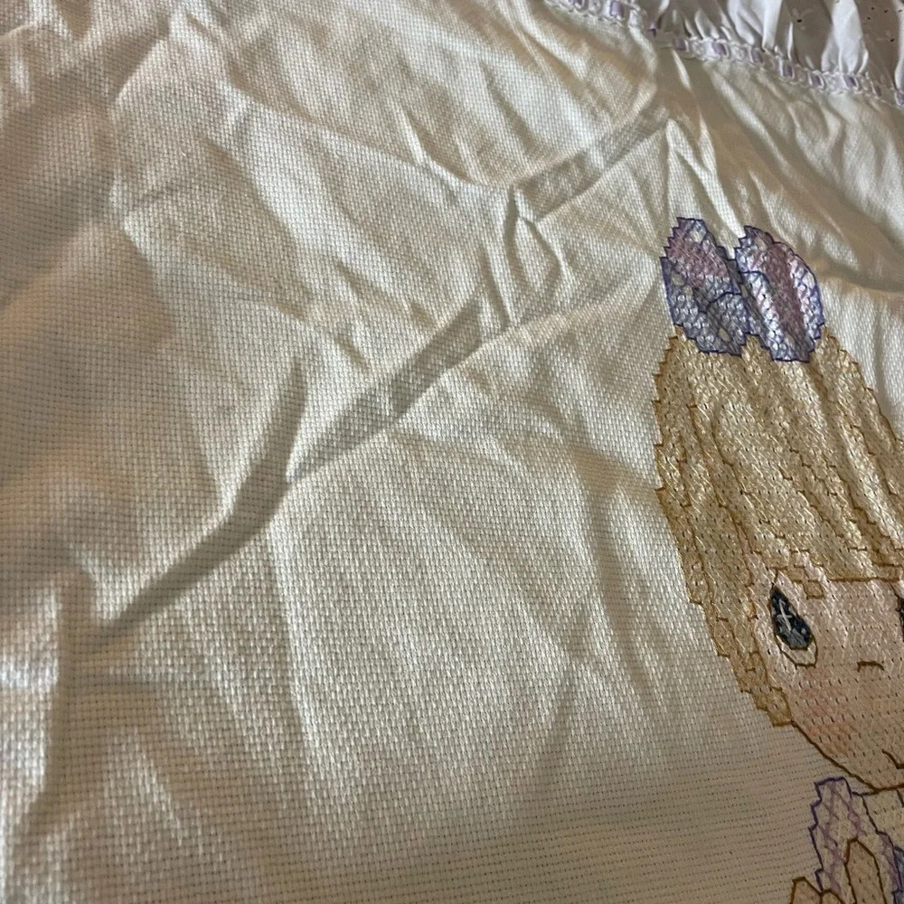 Vintage Precious Moments Handmade Cross stitched Baby Blanket w/ Eyelet Ruffle - Picture 8 of 14